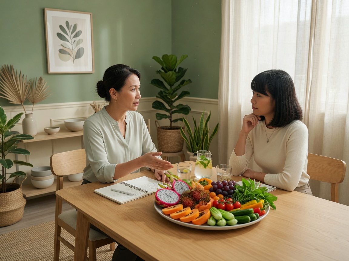 Chuyên gia dinh dưỡng tư vấn cùng đĩa thức ăn tươi