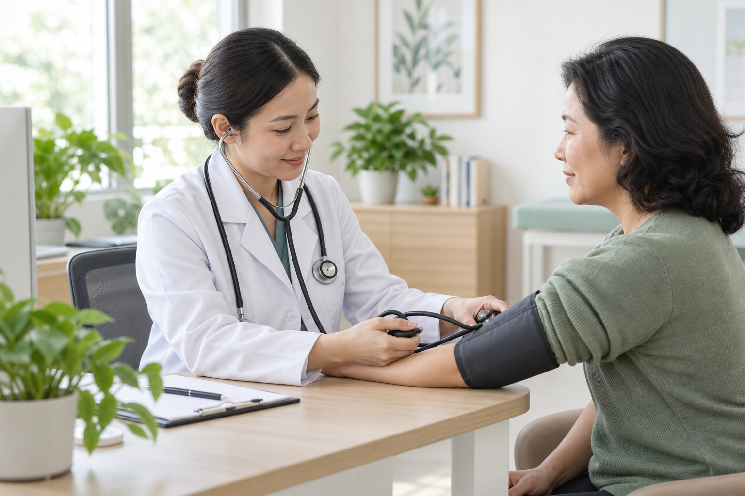 Bác sĩ đo huyết áp cho khách hàng trong phòng tư vấn