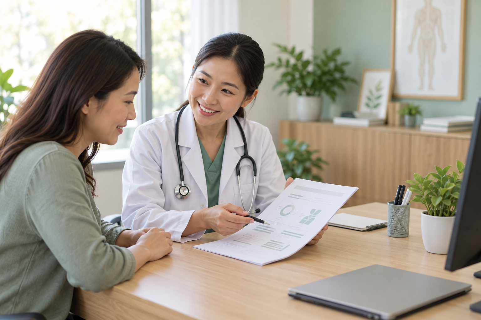 Bác sĩ giải thích báo cáo sức khỏe cho khách hàng